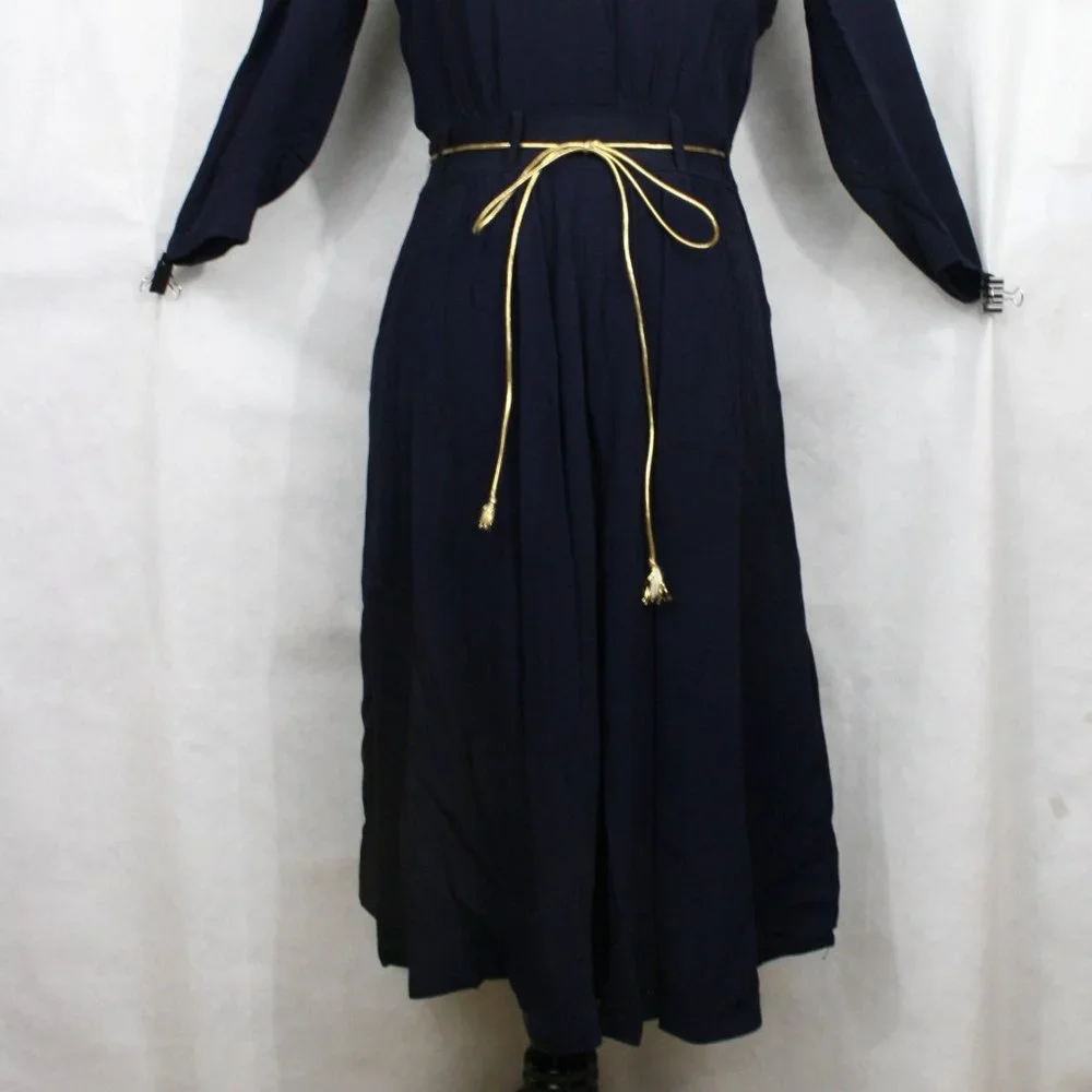 Vintage 40's Navy Blue Crepe Dress w/Embroider Pocket & Gold Cord Belt SZ XS EUC - Picture 3 of 7